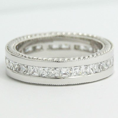 W93685-(5.5mm) Princess Cut Channel Bend Set with Hand Engraving 14k White Gold