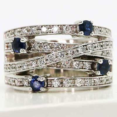 5 rows diamonds and sapphire cocktail ring 14k white gold D4720