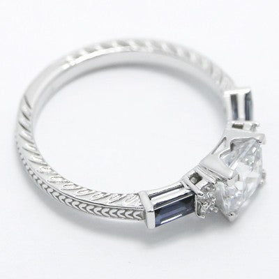 Blue Baguettes Vintage Design Engagement Ring 14k White Gold