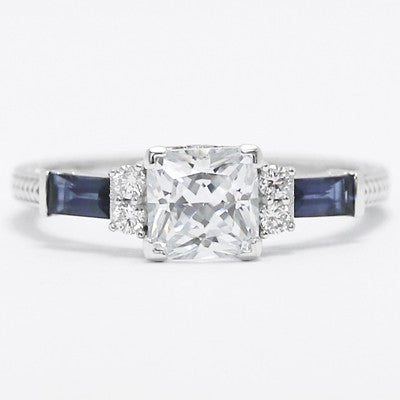 Blue Baguettes Vintage Designe Engagement Ring 14k White Gold