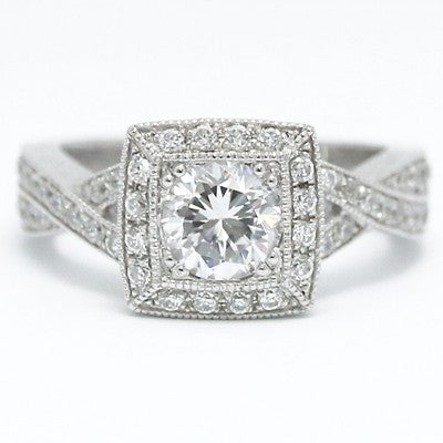 Cross Band Designed Halo Diamond Engagement Ring 14k White Gold E93644