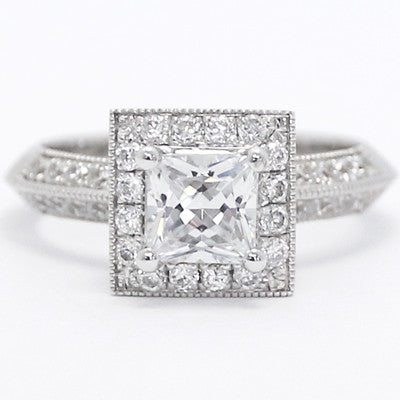 Deco Style Princess Cut Halo Diamond Engagement Ring 14k White Gold E93591