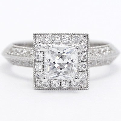 E93591-Deco Princess Cut Halo Diamond Engagement Ring 14k White Gold