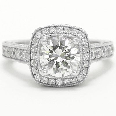 Designer Hand Engraved Engagement Ring 14k White Gold