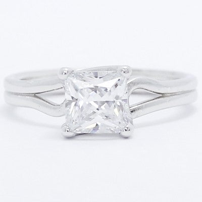 Double Band Solitaire Style Engagement Ring 14k White Gold MER-K04