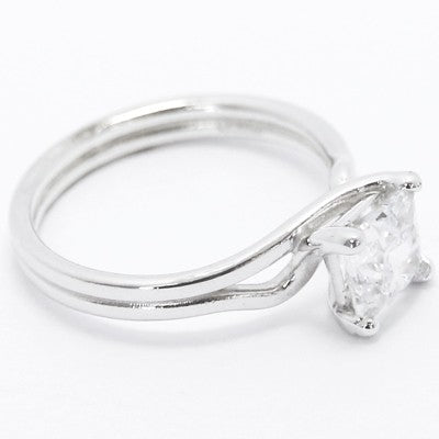 MER-K04-Double Band Solitaire Style Engagement Ring 14k White Gold