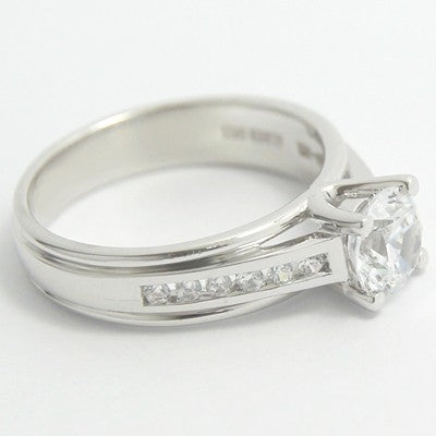 Double Groove Channel Set Diamond Ring 14k White Gold