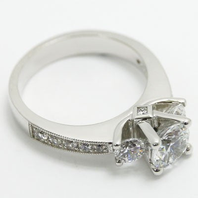 E93451-2 Three Stone Tapered and Milgrained Engagement Ring 14k White Gold