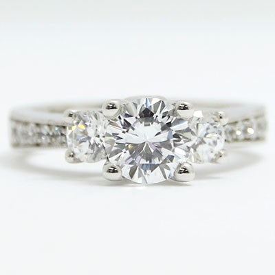 Three Stone Tapered and Milgrained Engagement Ring 14k White Gold E93451-2