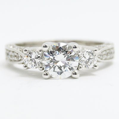Three Stone Venetian Style Engagement Ring 14k White Gold E93528