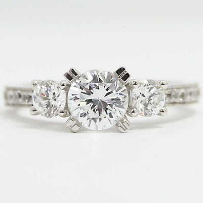 Three Stone Double Claws Diamond Engagement Ring 14k White Gold E93606-2