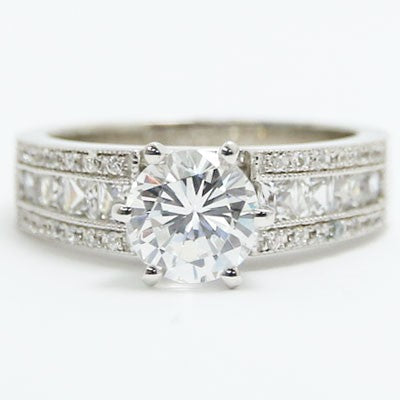 Mix of Princess and Round Cut Diamonds Engagement Ring 14k White Gold E93629