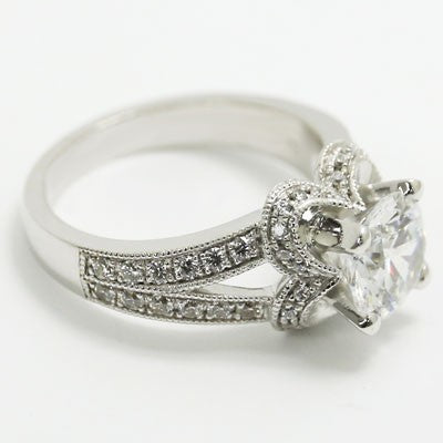 E93639 Flower Shaped Split Band Diamond Engagement Ring 14k White Gold