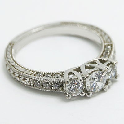E93696 Three Stone Vintage Style Diamond Engagement Ring 14k White Gold