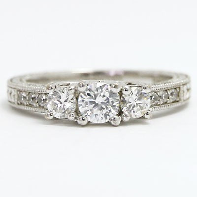 Three Stone Vintage Style Diamond Engagement Ring 14k White Gold E93696