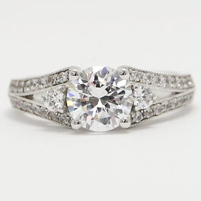 E93740 Three Stone Split Band Diamond Engagement Ring 14k White Gold