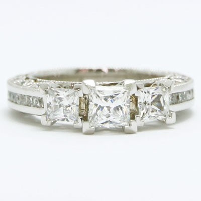 E93991 Venetian Three Stone Designed Cathedral Mix Diamonds Engagement Ring 14k White Gold