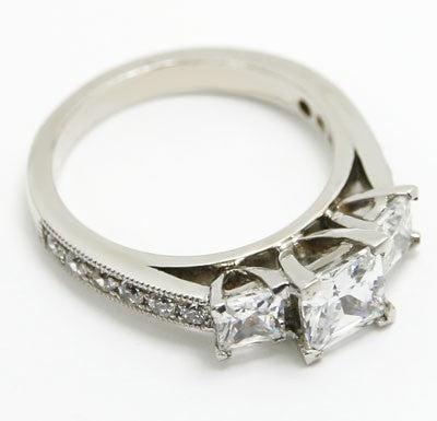 Three Stone Princess cut Diamond Engagement Ring 14k White Gold E94011
