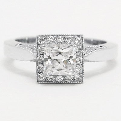 Filigree Crown Design Princess Cut Engagement Ring 14k White Gold E93926