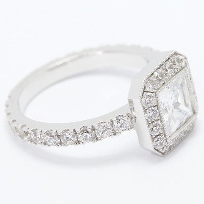 E93806 French Cut Halo Princess Diamond Engagement Ring 14k White Gold