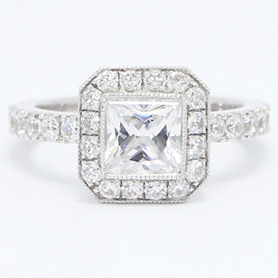 E93806 French Cut Halo Princess Diamond Engagement Ring 14k White Gold