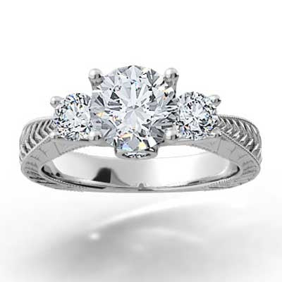 Hand Engraved Engagement Ring 14k White Gold