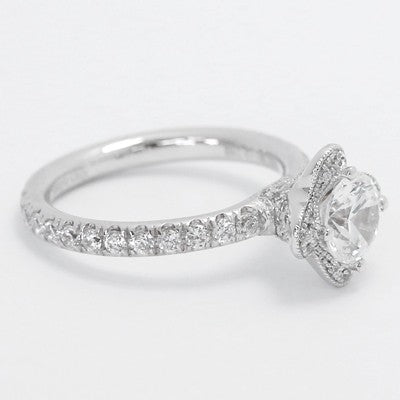 Milgrained Lotus Style Diamond Engagement Ring 14k White Gold