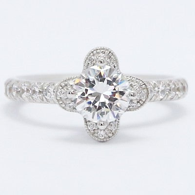 Milgrained Lotus Style Diamond Engagement Ring 14k White Gold E93612