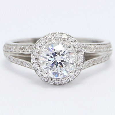 Milgrained Pave Split Shank Halo Engagement Ring 14k White Gold E93731