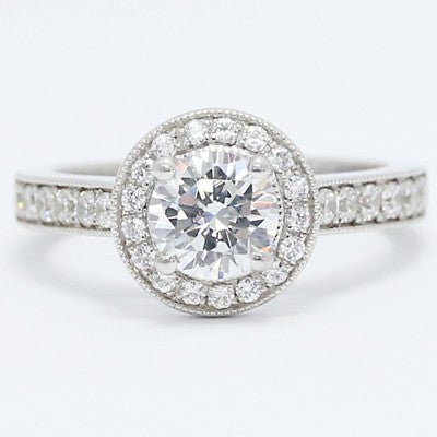 E94019  Milgrained Round Floating Diamonds Halo Engagement Ring 14k White Gold
