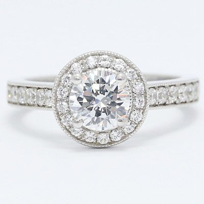 Milgrained Round Floating Diamonds Halo Engagement Ring 14k White Gold E94019