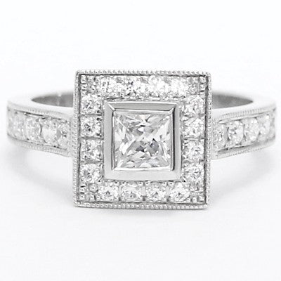 Pave Diamond Ring with Princess Cut Bezel 14k White Gold E93600-1