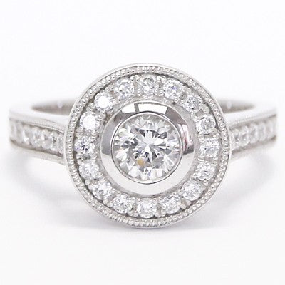 E93550  Round Bezel Halo Diamond Engagement Ring 14k White Gold