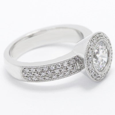 Solid Bezel Set Round Halo Engagement Ring 14k White Gold