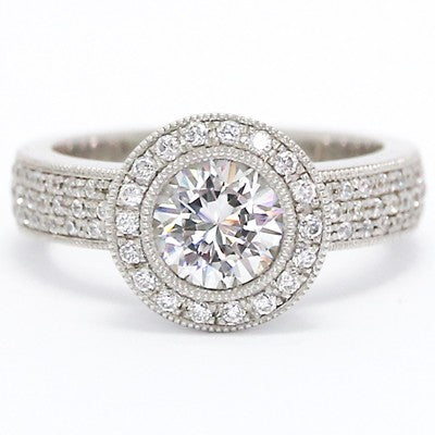 Solid Bezel Setting Round Halo Engagement Ring 14k White Gold E93567