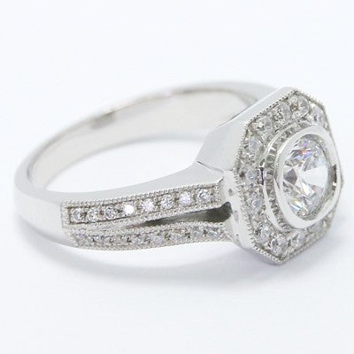 Split Knife Edge Band Octagon Halo Ring 14k White Gold