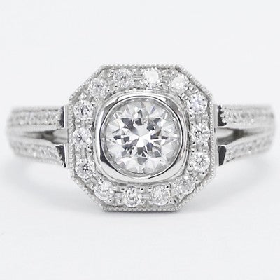 Split Knife Edge Band Octagon Halo Ring 14k White Gold E93548