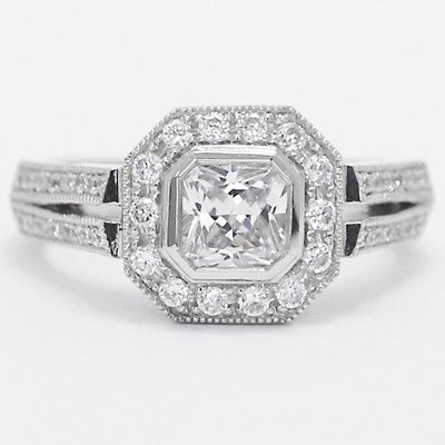 Split Knife Edge Band Octagon Halo Ring 14k White Gold E93549