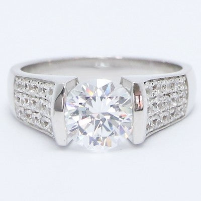 Three Row Pave Diamond Engagement Ring 14k White Gold