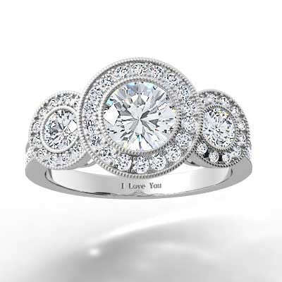 Three Stone Halo Top Ring 14k White Gold E93601