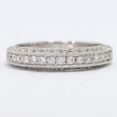 W93574 Milgrained Edges Three Side Diamonds Wedding Ring 14k White Gold