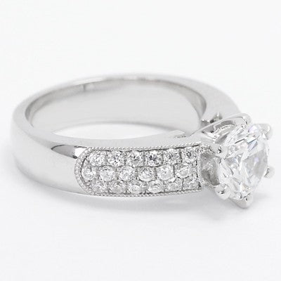 Wide Band Pave Set Engagement Ring 14k White Gold