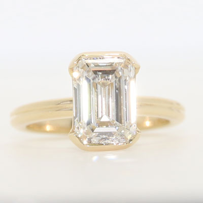 Half Bezel Emerald cut Diamond Ring 14k Yellow Gold