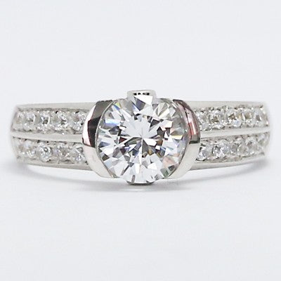 2 Row Pave Set Euro Channel Engagement Ring 14k White Gold