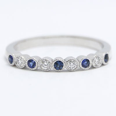 2mm Vintage Style Diamonds and Sapphires Wedding Band 14k White Gold VBDS