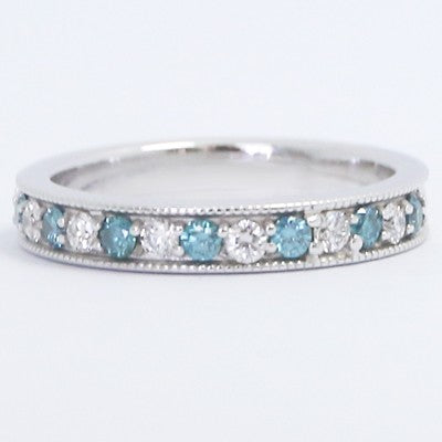 3.3mm Milgrained Blue and White Diamonds Wedding Band 14k White Gold