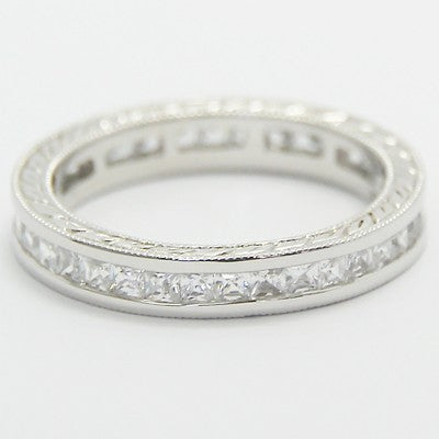 3.4mm Channel Set Princess Cuts Hand Engraved Eternity Diamond Ring 14k White Gold