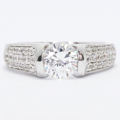 E93498-Three Row Milgrained Pave Tension Style Engagement Ring 14k White Gold