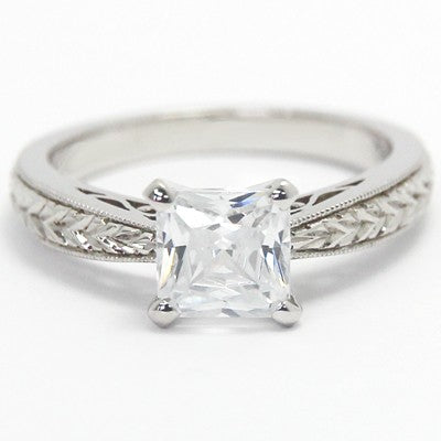 Antique Style Milgrained Engagement Ring 14k White Gold