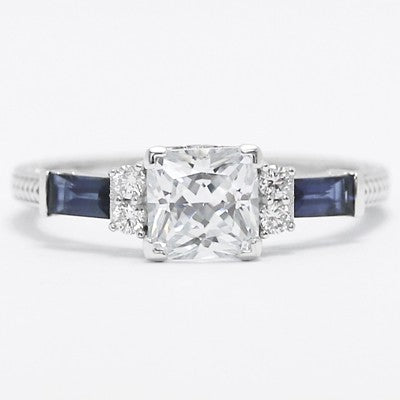 Blue Baguettes Vintage Design Engagement Ring 14k White Gold